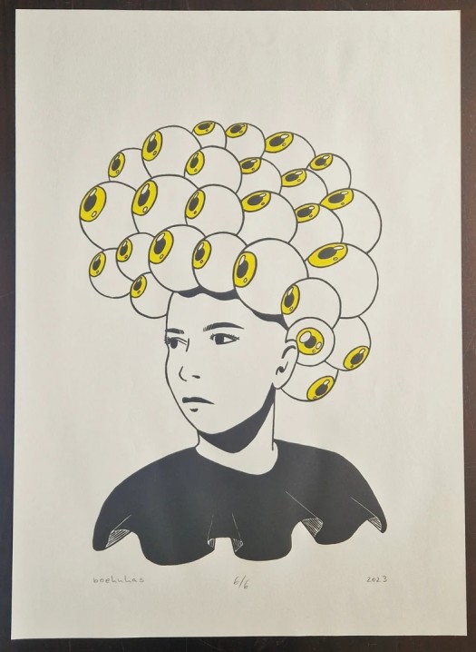Frauenkopf mit Augen, Iriden handcoloriert, Druck auf elfenbeinweißem Papier