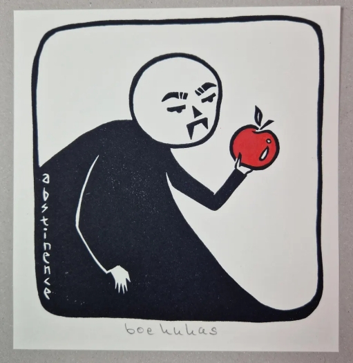 Ein Vampir auf Diät, Apfel handcoloriert mit Pigmenttusche, Druck auf 170g starken, leicht eierschalenweißes Künstlerpapier
